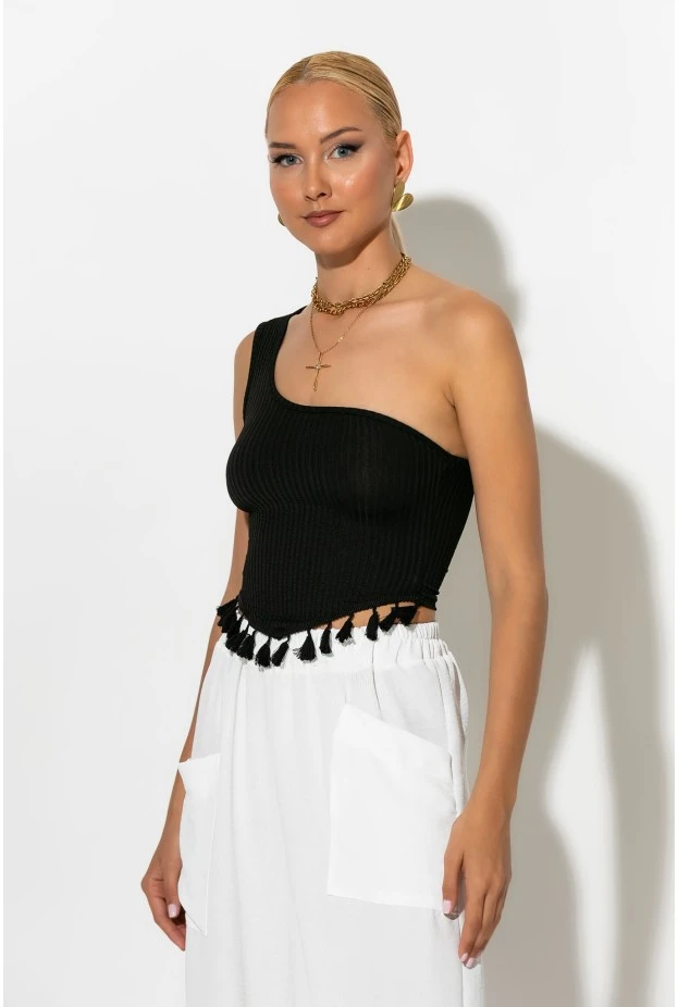 Ριπ crop top με ένα ώμο και κρόσια μαύρο