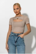 Ριπ crop top με άνοιγμα στο ντεκολτέ μπεζ