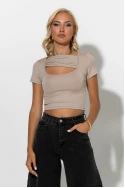 Ριπ crop top με άνοιγμα στο ντεκολτέ μπεζ