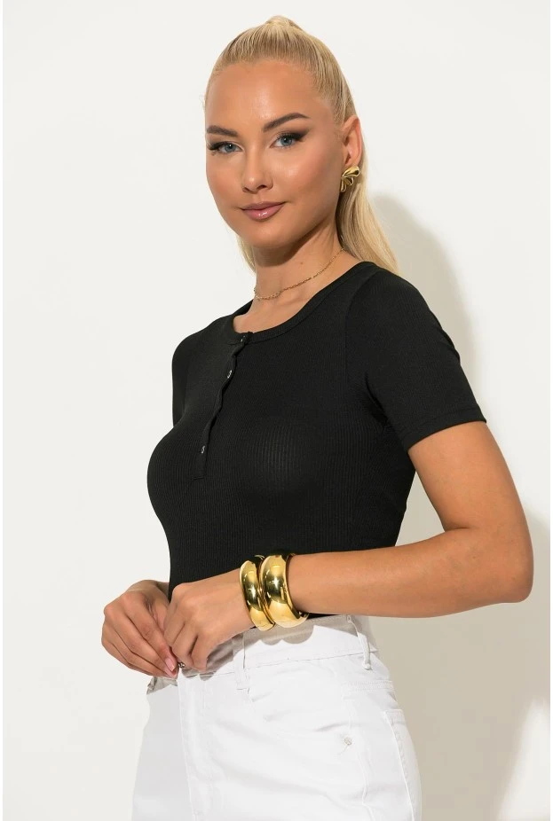 T-shirt ριπ με κουμπιά μαύρο