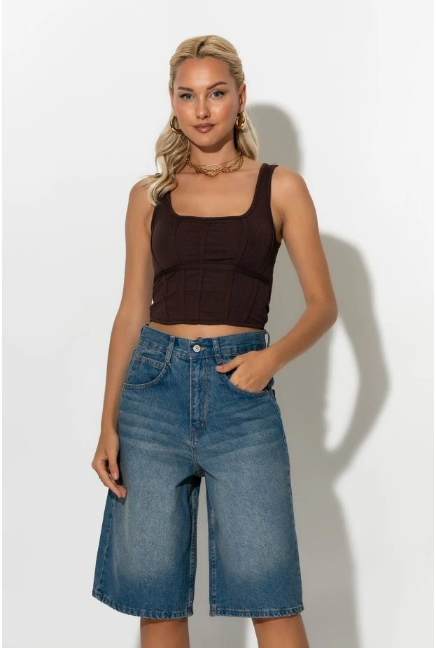 Τιραντέ crop top με λεπτομέρεια ραφές καφέ 