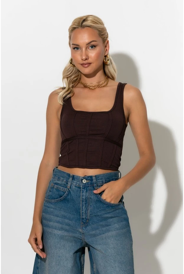 Τιραντέ crop top με λεπτομέρεια ραφές καφέ 