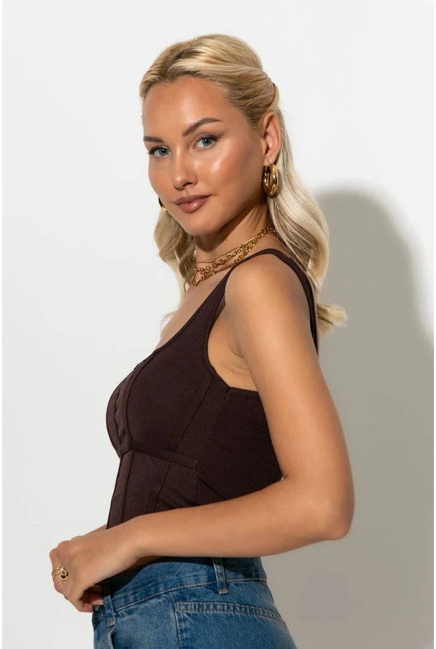 Τιραντέ crop top με λεπτομέρεια ραφές καφέ 