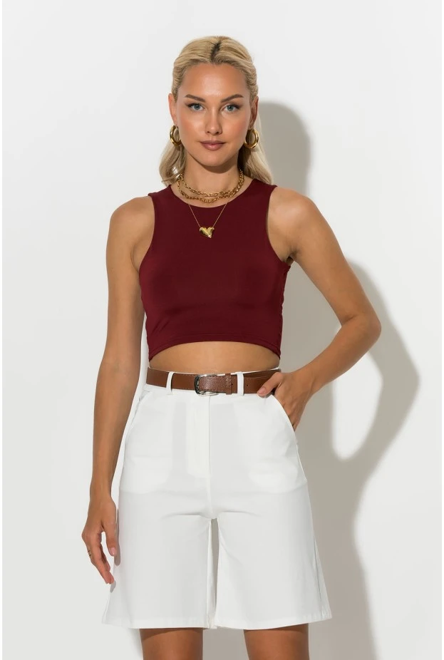 Crop top με παρτούς ώμους μπορντό