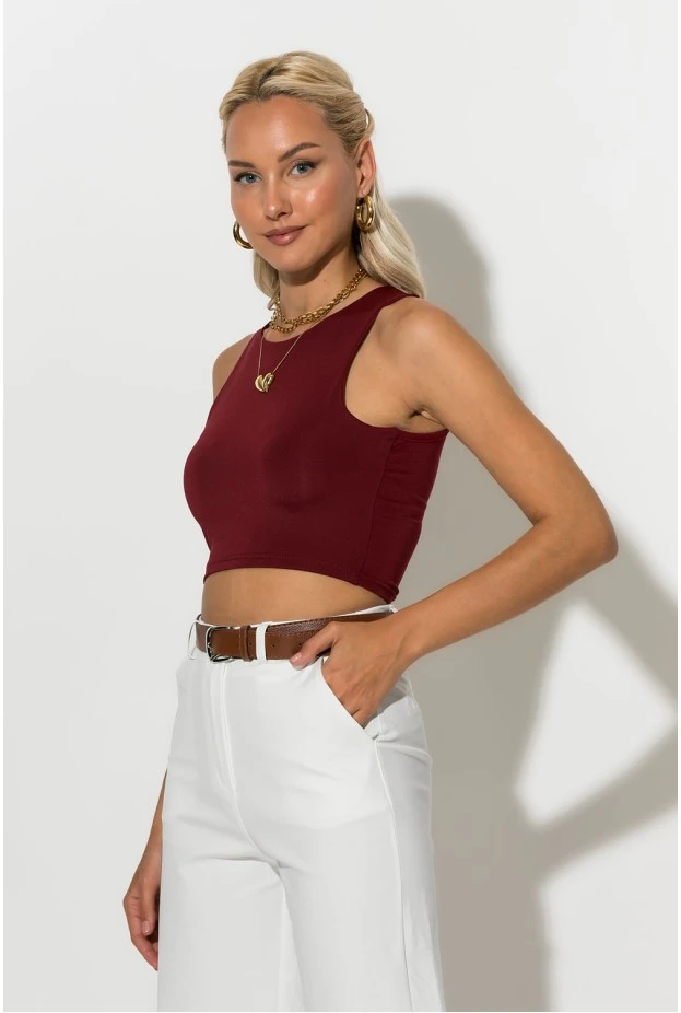 Crop top με παρτούς ώμους μπορντό