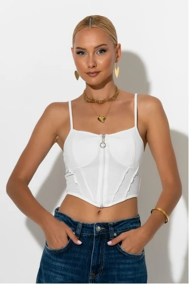 Crop top τιραντέ με φερμουάρ λευκό