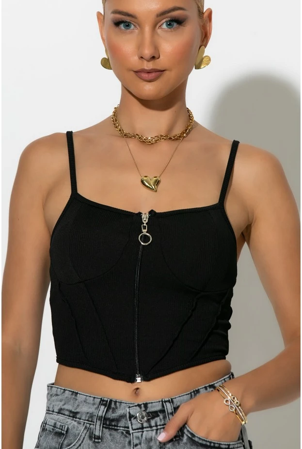 Crop top τιραντέ με φερμουάρ μαύρο
