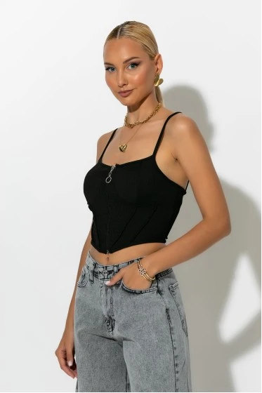 Crop top τιραντέ με φερμουάρ μαύρο