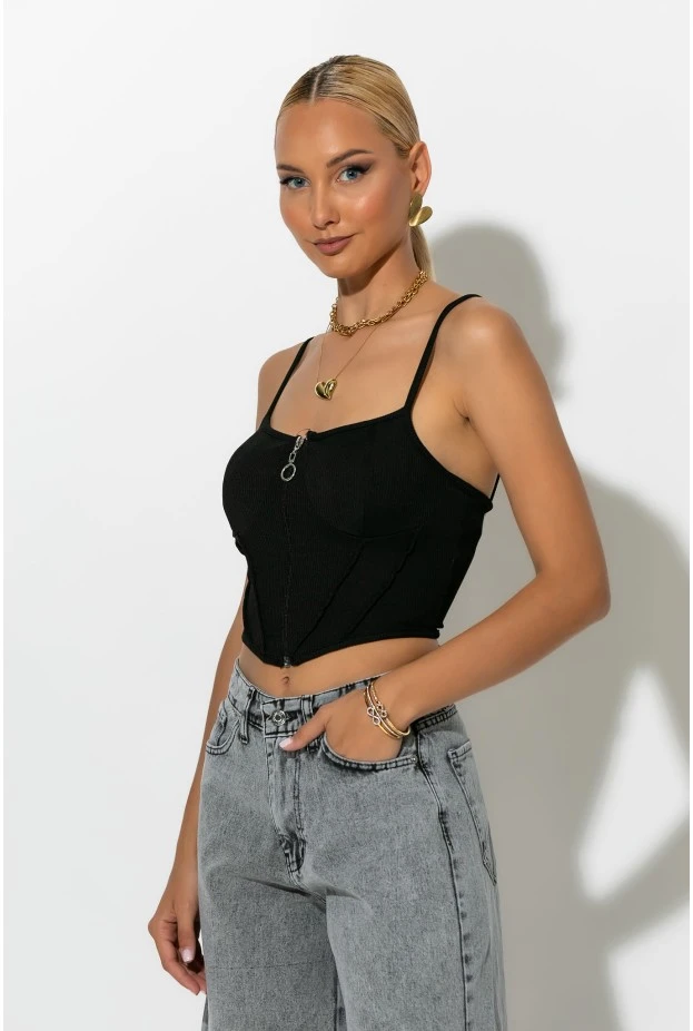 Crop top τιραντέ με φερμουάρ μαύρο