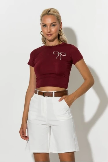 Crop top με φιογκάκια απο πέρλες μπορντό