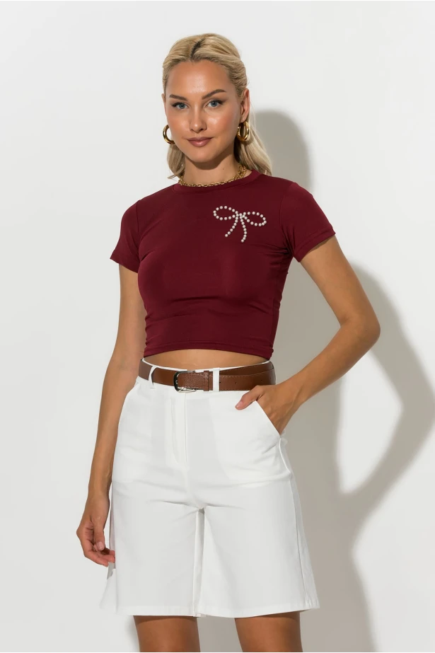 Crop top με φιογκάκια απο πέρλες μπορντό
