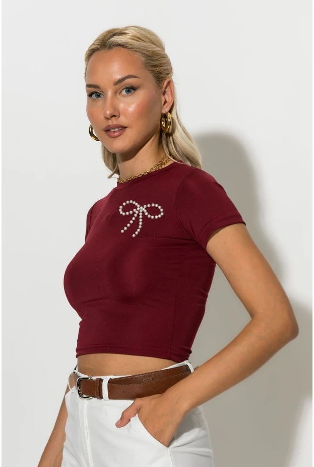 Crop top με φιογκάκια απο πέρλες μπορντό