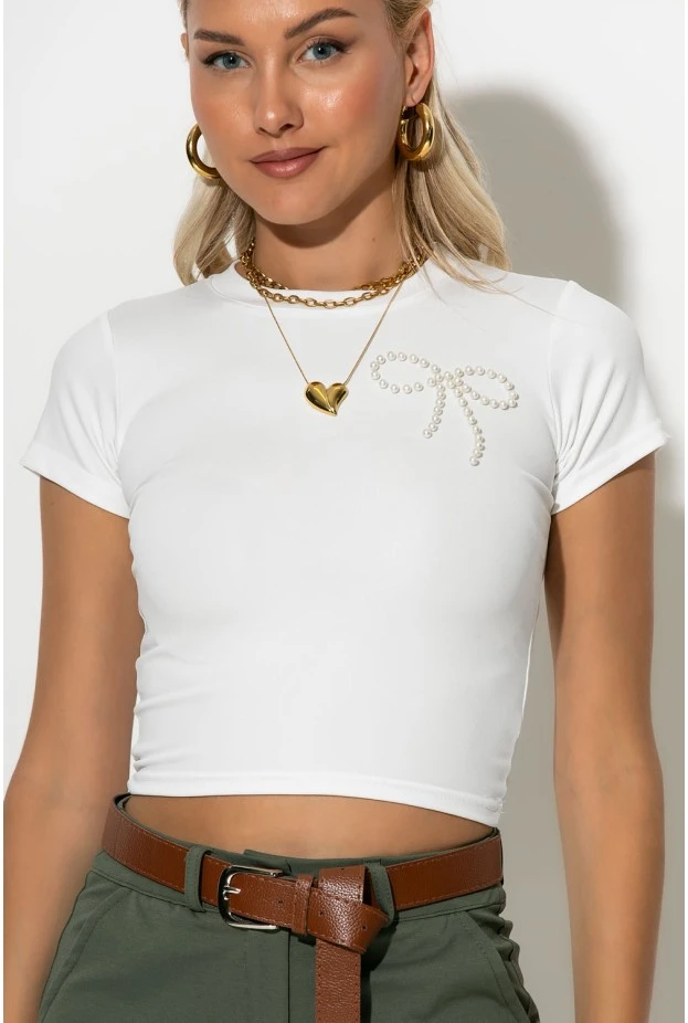 Crop top με φιογκάκια απο πέρλες λευκό