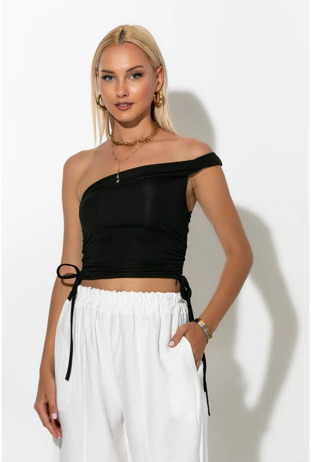 Crop top με έναν ώμο και κορδόνια στο πλάι μαύρο