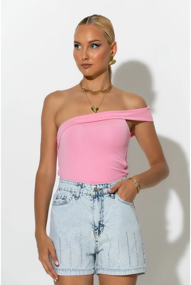 Crop top με έναν ώμο και κορδόνια στο πλάι ροζ