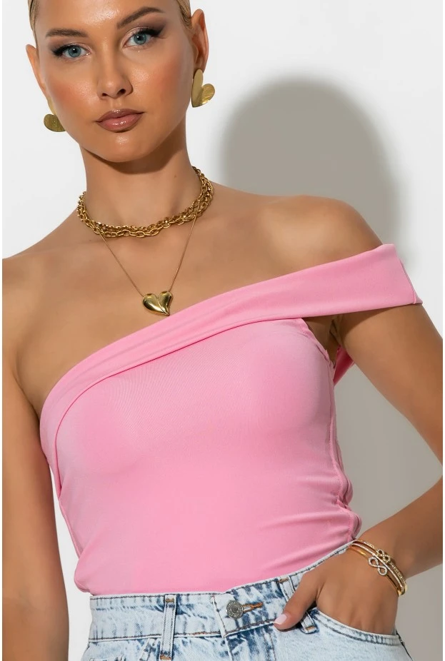 Crop top με έναν ώμο και κορδόνια στο πλάι ροζ
