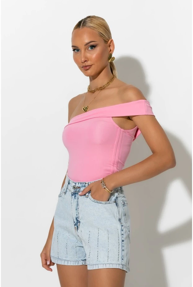 Crop top με έναν ώμο και κορδόνια στο πλάι ροζ
