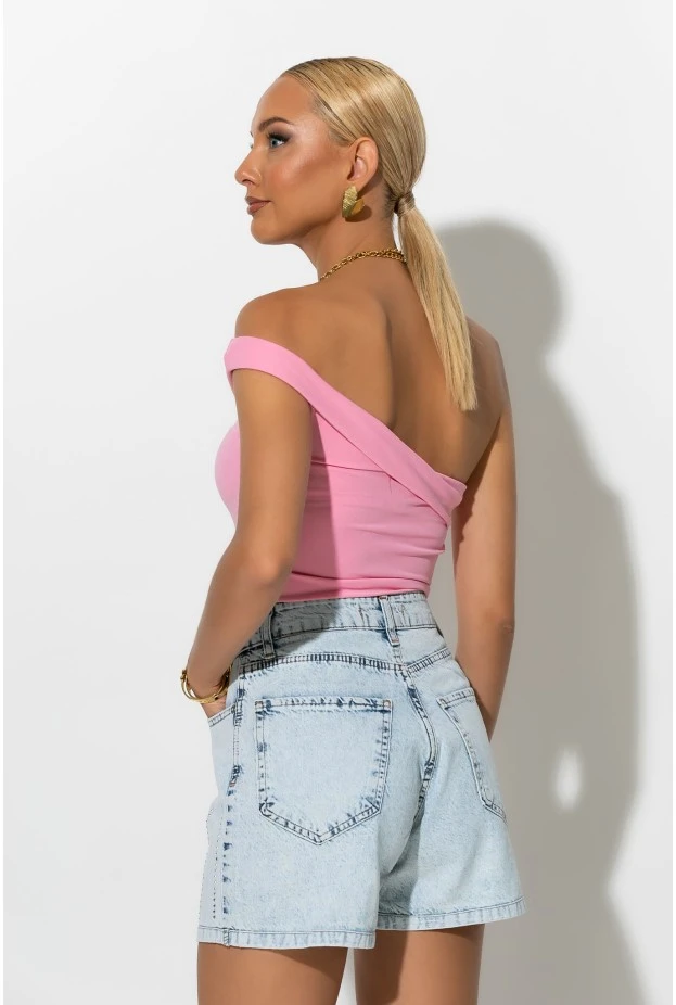 Crop top με έναν ώμο και κορδόνια στο πλάι ροζ
