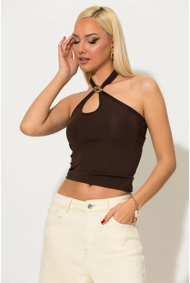 Μπλούζα halter με χρυσή αγράφα στο λαιμό καφέ