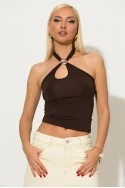 Μπλούζα halter με χρυσή αγράφα στο λαιμό καφέ