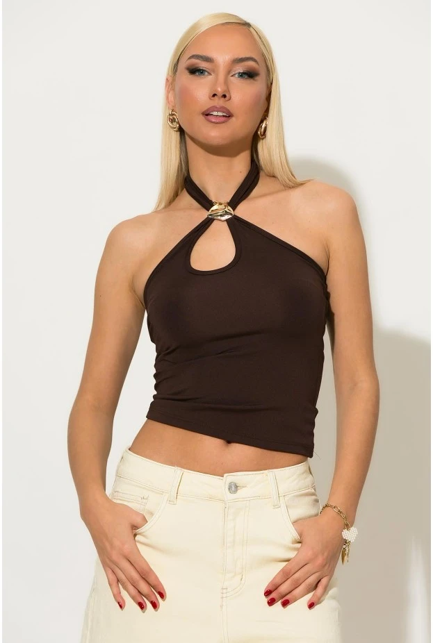 Μπλούζα halter με χρυσή αγράφα στο λαιμό καφέ