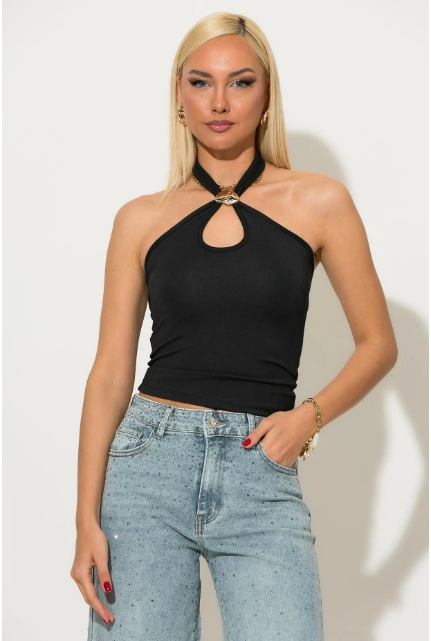 Μπλούζα halter με χρυσή αγράφα στο λαιμό μαύρο