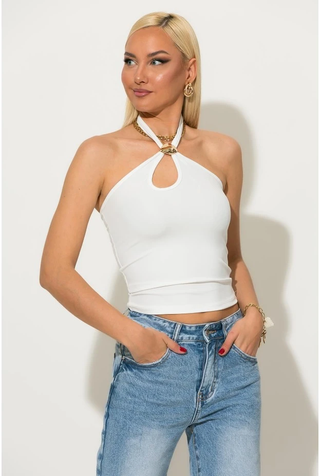 Μπλούζα halter με χρυσή αγράφα στο λαιμό λευκό