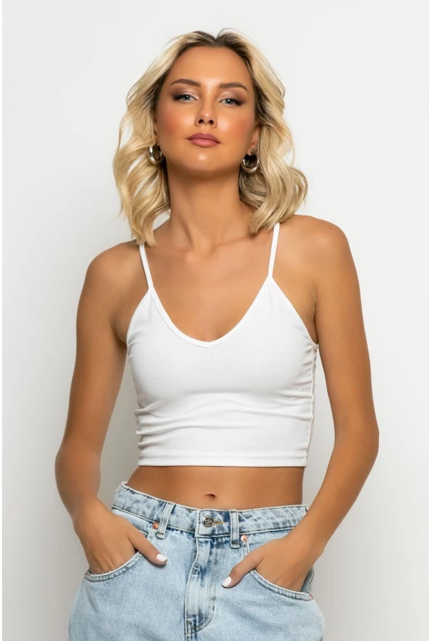 Crop top τιραντέ με V λευκό