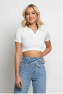Crop top ριπ κοντομάνικο με γιακά λευκό Crop top ριπ κοντομάνικο με γιακά λευκό