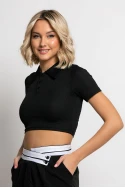 Crop top ριπ κοντομάνικο με κουμπιά στο γιακά μαύρο Crop top ριπ κοντομάνικο με κουμπιά στο γιακά μαύρο