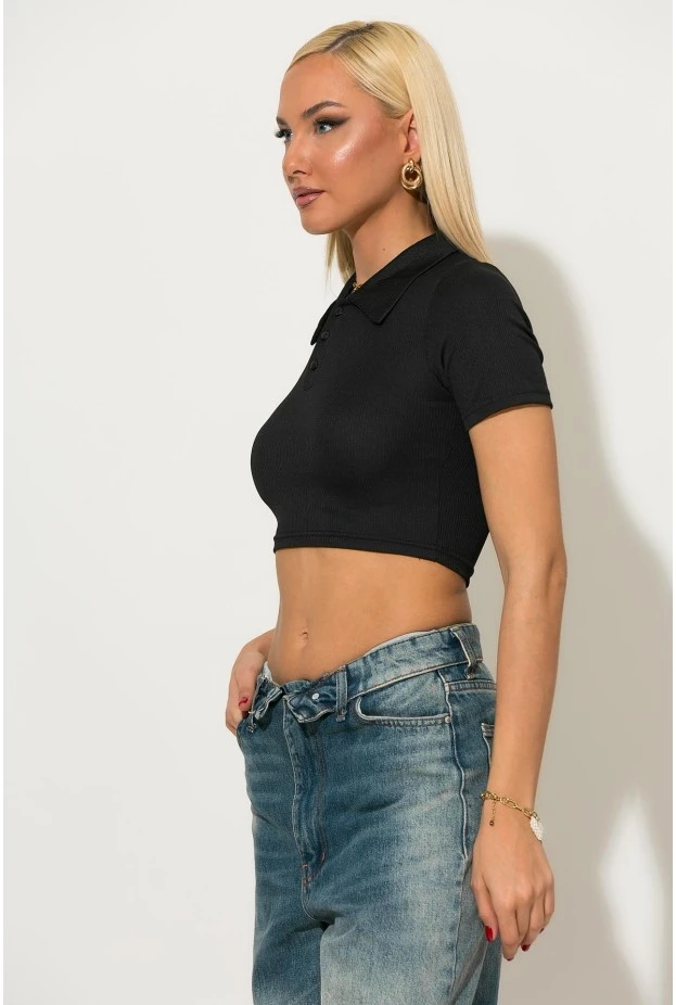 Crop top ριπ κοντομάνικο με κουμπιά στο γιακά μαύρο