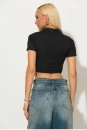 Crop top ριπ κοντομάνικο με κουμπιά στο γιακά μαύρο
