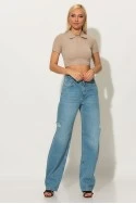 Crop top ριπ κοντομάνικο με κουμπιά στο γιακά μπεζ