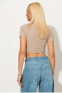 Crop top ριπ κοντομάνικο με κουμπιά στο γιακά μπεζ