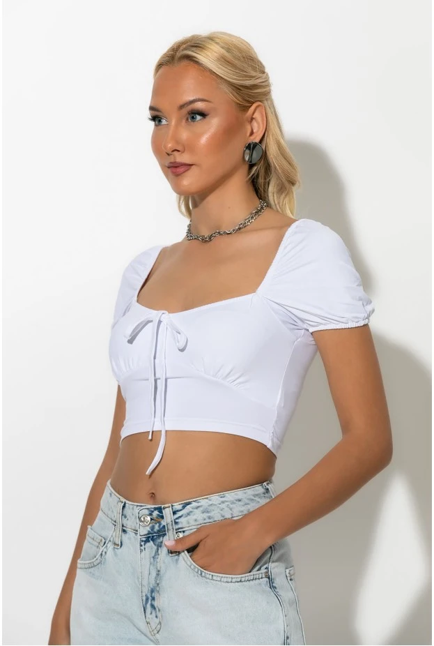 Crop top κοντομάνικο με κορδόνι στο στήθος λευκό