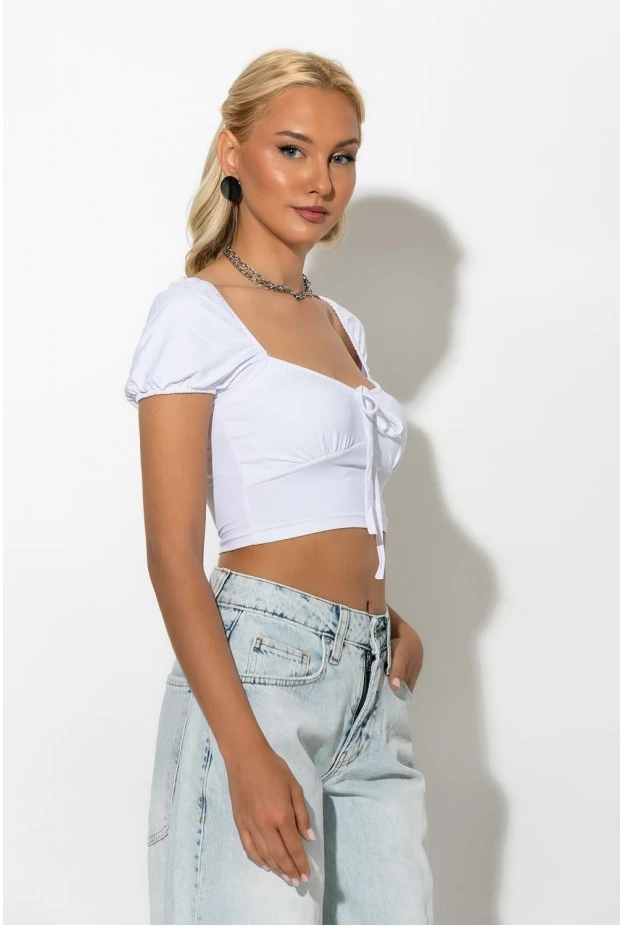 Crop top κοντομάνικο με κορδόνι στο στήθος λευκό