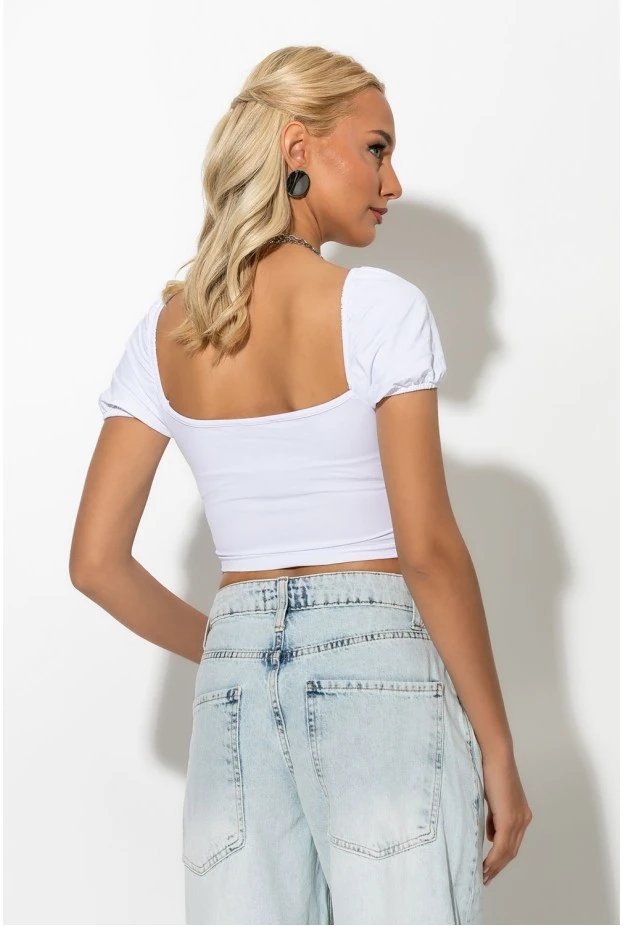 Crop top κοντομάνικο με κορδόνι στο στήθος λευκό
