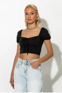 Crop top κοντομάνικο με κορδόνι στο στήθος μαύρο
