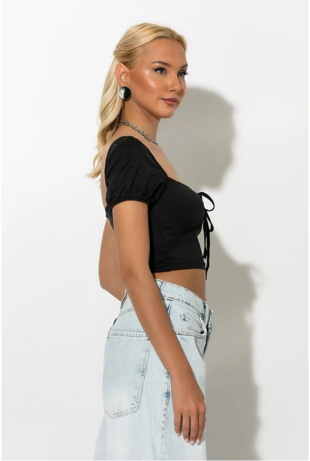 Crop top κοντομάνικο με κορδόνι στο στήθος μαύρο