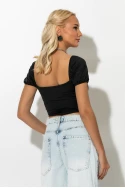 Crop top κοντομάνικο με κορδόνι στο στήθος μαύρο