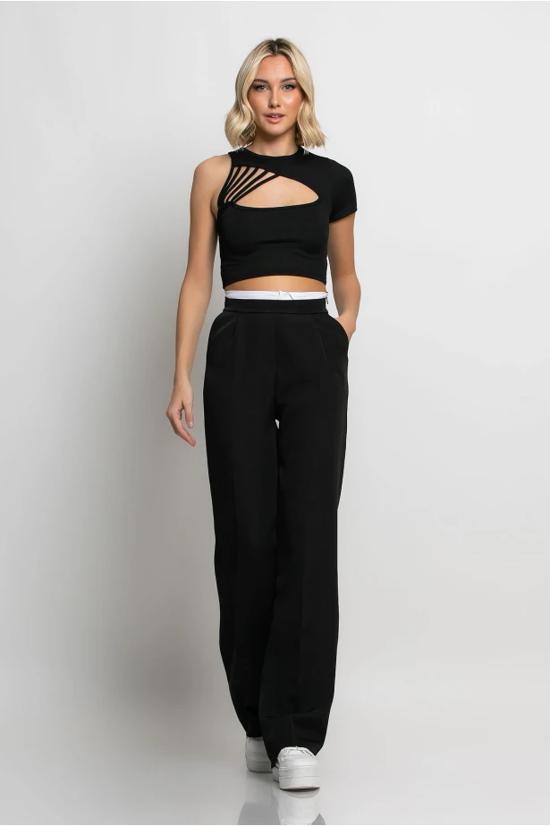 Crop top κοντομάνικο με έναν ώμο μαύρο