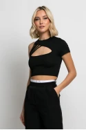 Crop top κοντομάνικο με έναν ώμο μαύρο