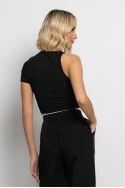 Crop top κοντομάνικο με έναν ώμο μαύρο
