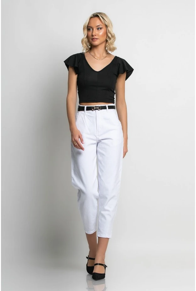 Crop top με βολάν στο μανίκι και δέσιμο πίσω μαύρο