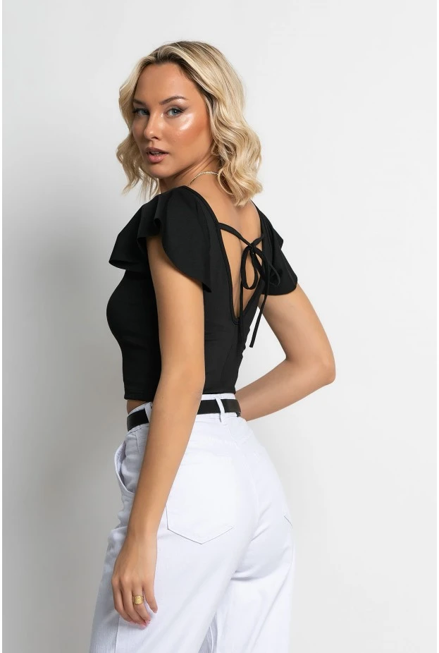 Crop top με βολάν στο μανίκι και δέσιμο πίσω μαύρο