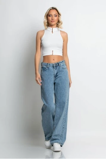 Crop top ριπ με ψηλό λαιμό και αγκράφες μαύρο