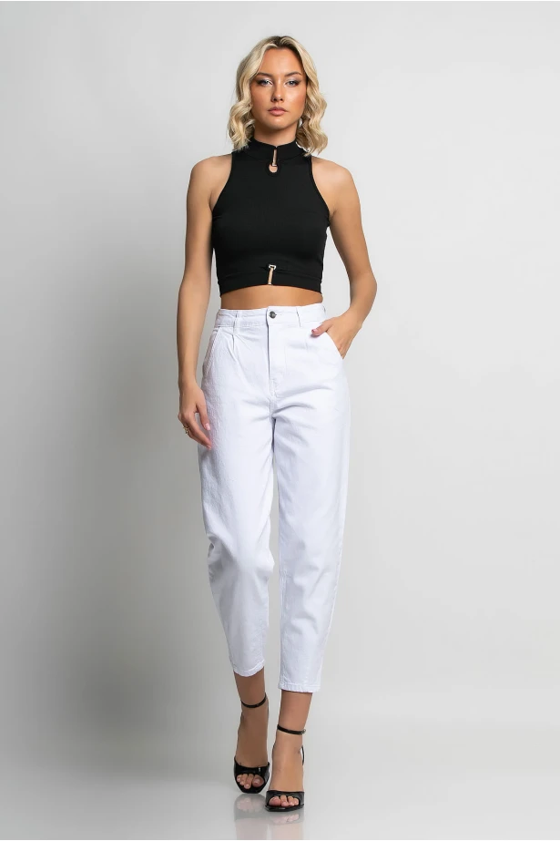 Crop top ριπ με ψηλό λαιμό και αγκράφες μαύρο
