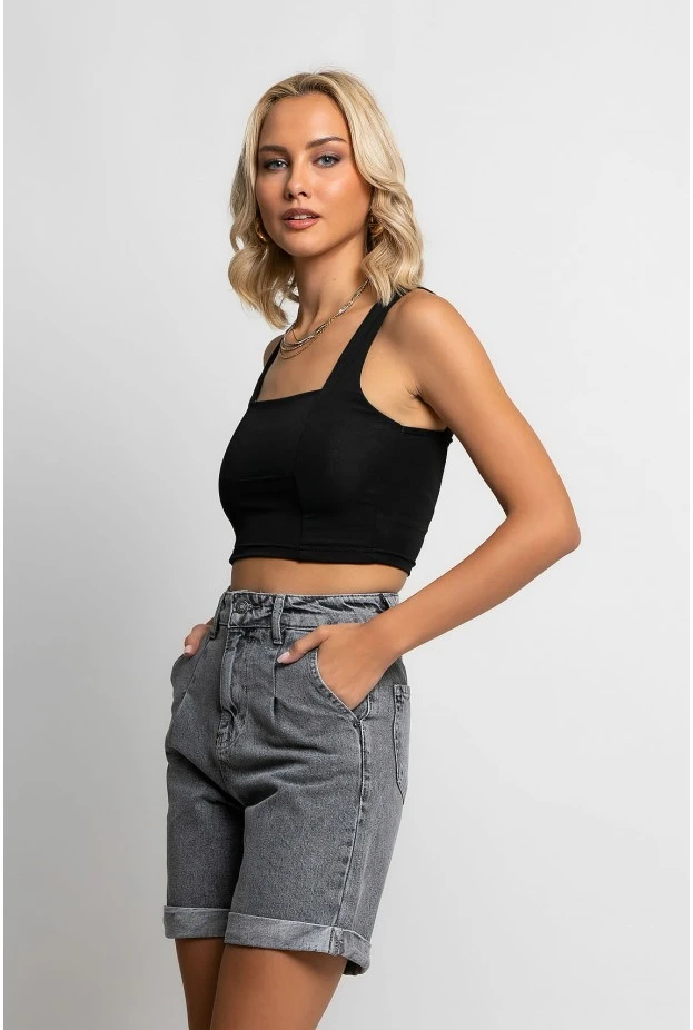 Crop top τιραντέ με τετράγωνη λαιμόκοψη μαύρο