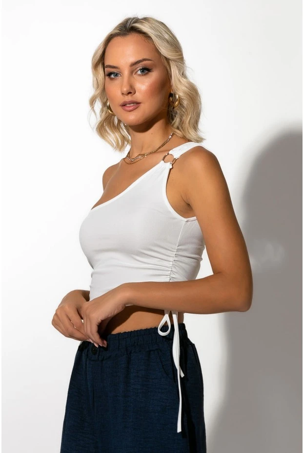 Crop top με ένα ώμο και λεπτομέρεια κρίκο λευκό