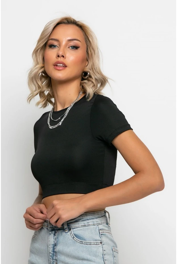 Crop top κοντομάνικο με λάστιχο στην μέση μαύρο